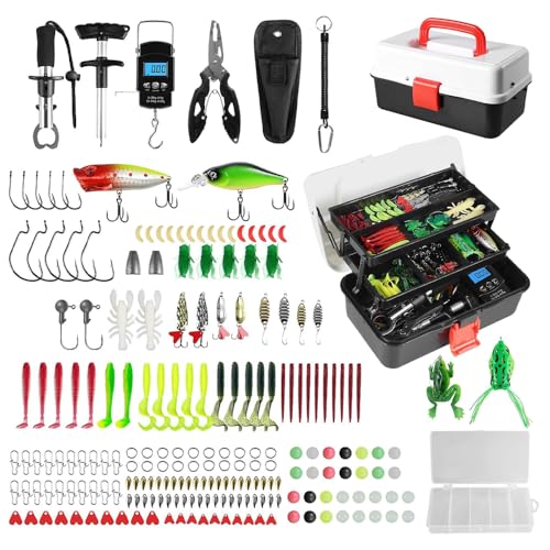 Angelkasten Set,213 Pcs Angelköder Set und Werkzeugset mit Lippenclips, Hakenentferner, Angelkoffer mit Zubehör Geeignete Angelausrüstung für Kinder Erwachsene Anfänger und Männer