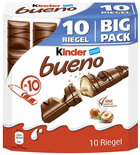 kinder bueno Big Pack – Schokoriegel mit knuspriger Waffel, feiner Milch-Haselnuss-Cremeund zarter Vollmilchschokolade – 1 Großpackung mit 10 einzeln verpackten Riegeln (10 x 21,5 g)