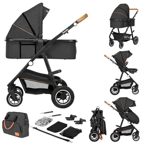 LIONELO Amber Kinderwagen 2 in 1 Kombikinderwagen, Kinderwagen Set mit sportlichen Sitz und fester Babywanne, Tasche, Moskitonetz, Abdeckung Regenblatt (Graphit)