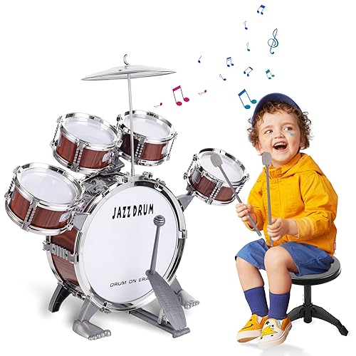 Kinderschlagzeug,Schlagzeug für Kinder Set 5 Trommelns mit Hocker Percussion-Musikinstrumente,Jazz Rock Drum Set Kindergeburtstag Weihnachten Kinder ab 3 Jährige