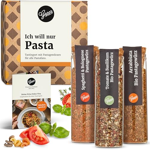 Gepp’s Feinkost 3er Mini Set Pasta I Gewürz-Set für Pasta-Liebhaber I Set mit feinen Gewürzmischungen I Bio-Gewürze für jede Küche I Bio Tomate-Basilikum, Arrabiata & Spaghetti Gewürz