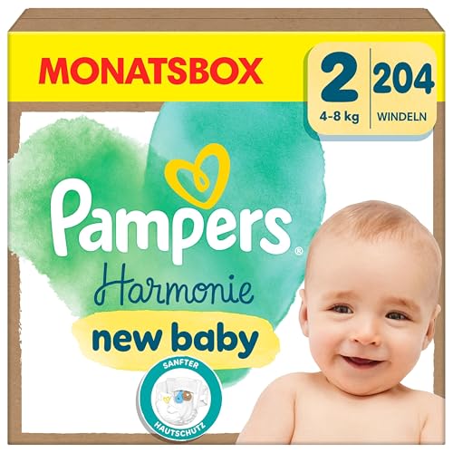 Pampers Harmonie Windeln Größe 2, 204 Windeln, 4kg-8kg, sanfter Hautschutz mit 100Prozent Pampers Schutz