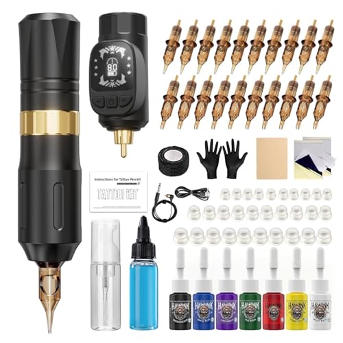 HAWINK Tattoo Maschine Set mit 1600 mAh Akku 20 Stück Mixed Tattoo Cartridges 7 Inks Blaue Seife Kabellos Tattoo Maschine Set Komplettes Tattoo Zubehör Set HW-TK1001EU-1