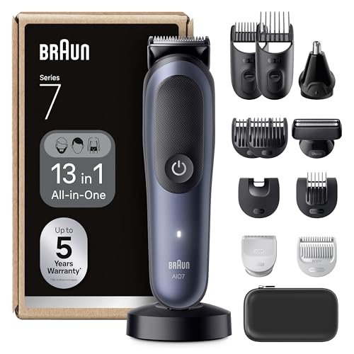 Braun All-in-One Trimmer-Set 7, 13-in-1 Multigroom, Barttrimmer, Nasenhaartrimmer, Haarschneidemaschine für Gesicht, Kopf und Körper, 120 Min Akku, 14 Längen (3–21 mm), Wasserdicht, AIO7565, Blau