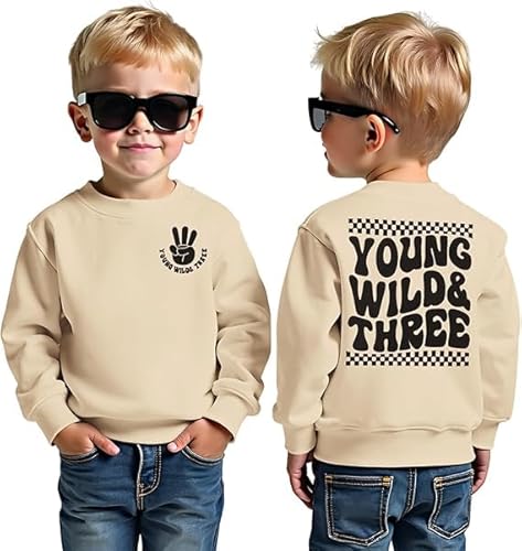 BOUTIKOME 3. Geburtstag Jungen Sweatshirt Young WILD&Three Drucken Pullover Geschwister Kinder Langarmshirt Baby Outfits Dritten Geburtstags Pulli Herbst Winter Babykleidung(Apricot,3 Jahre)