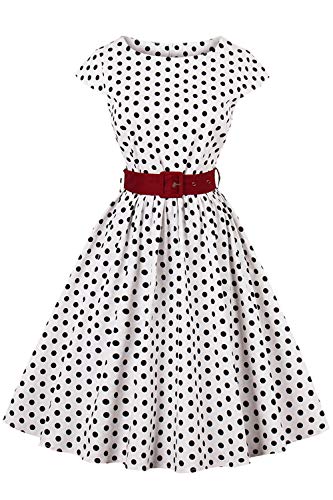 Axoe Damen 50er Jahre Audrey Hepburn Vintage Kleid Rockabilly Cocktail Partykleid Polka Dot- Gr. M (38), Weiß