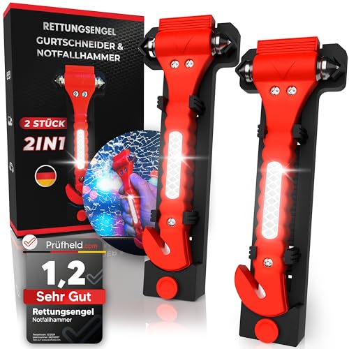 RETTUNGSENGEL® 2in1 Notfallhammer mit Gurtschneider fürs Auto [2er Set] | Gehärtete Spitzen, Testsieger, Inkl. Reflektor | Nothammer Gurtmesser als Rettungswerkzeug im Notfall zum Fenster Einschlagen