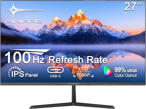 Minifire- Monitor- 27-Zoll-Bildschirm im rahmenlosen Design, IPS, 120Hz, USB Tpye-C, FHD(1080P), sRGB110%, 300 Nits, FreeSync, Eye-Care, HDMI USB Type-C Anschlüsse, unterstützt VESA - Schwarz