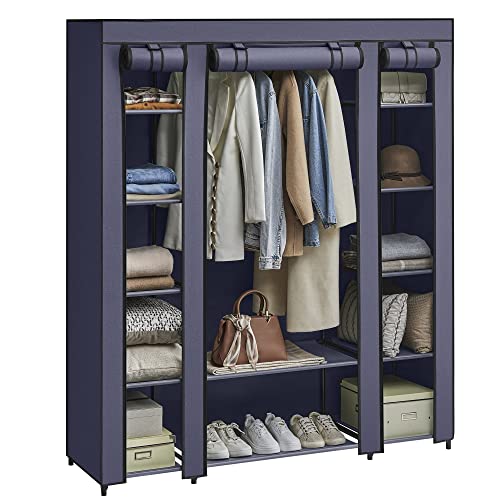 SONGMICS Kleiderschrank, Stoffschrank, mit Überzug aus Vliesstoff, Faltschrank mit Kleiderstange, 45 x 150 x 175 cm, 12 Ablagen, Metallrahmen, Schrank fürs Schlafzimmer, Marineblau LSF003I02