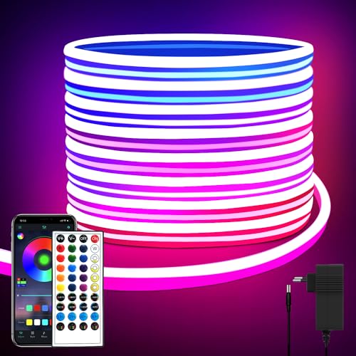 Segrass 10m LED Neon Strip Mit APP Steuerung, Fernbedienung, IP65 Wasserdichte Flexible RGB Streifen, 24V Band Seil Lampe für Schlafzimmer, Raum und Außendekoration