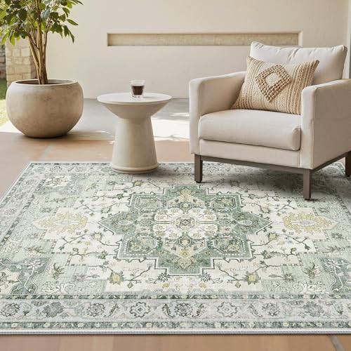 GENIMO Vintage Teppich 160x230cm, Teppiche Wohnzimmer, Waschbare Teppiche, Boho Teppich, Großer Carpet rutschfest, Schlafzimmer, Esszimmer, Büro, Grün