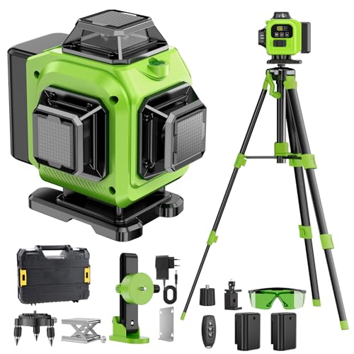 Kreuzlinienlaser Grün 16 Linien Nivellierlaser mit Stativ, 4 x 360 ° Laser wasserwaage, linienlaser kreuzlaser selbstnivellierend für Innenbereich Baustelle, 2 x Batterie Vermessungskabine