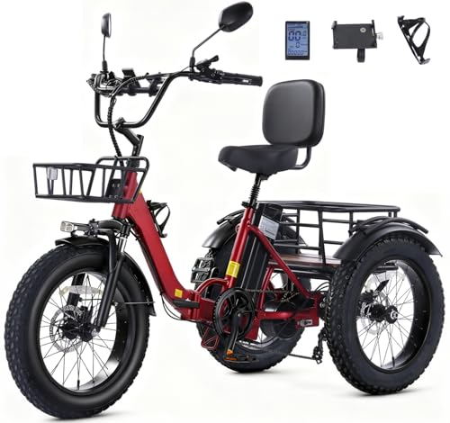 KAKIGO Elektro-Dreirad Für Erwachsene,20”x4” Fat Tires,Aluminium Faltbares E-Bike,250W Motor,65 Nm,48V 15.6Ah Akku,25 Km/h, Vorder-&Hinterkorb,Differenzial,90Km Reichweite