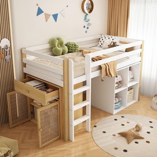 LAKFEW Hochbett Kinderbett 90x200 cm mit 2 Aufbewahrungsschrank und Leiter, Bett mit Stauraum und Schubladen, Jugendbett Holzbett mit Rausfallschutz, Bettgestell mit Lattenrost, ohne Matratze, Weiß
