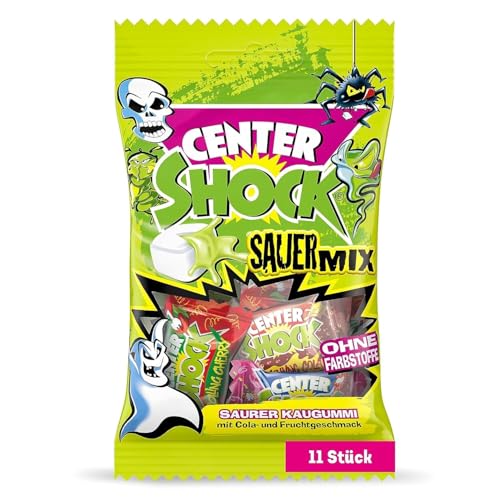 Center Shock Sour Mix, 1 Packung mit 11 extra-sauren Kaugummis, mit Füllung, ohne Farbstoffe, geeignet für Geburtstag, Weihnachten und Halloween, 44g