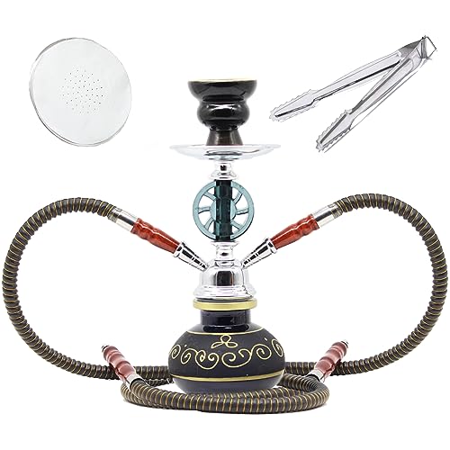 VOVCIG Shisha Set mit 2 Schläuche 28cm Blau Shisha mit Keramik Schüssel, 50 Bleche Alufolie und Metallclip Shisha zubehör Tragbares Shisha Set (Schwarz)