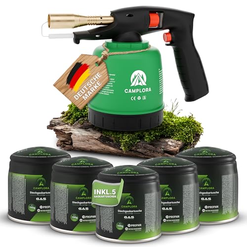 CAMPLORA Lötlampe inkl. 5 Stechkartusche 190g mit Piezozündung Lötbrenner Gasbrenner mit Kartusche Bunsenbrenner Werkstatt Gaslötkolben Brenner Abflammgerät gas blow torch bunsenbrenner küche