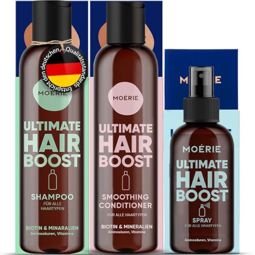 MOERIE Shampoo Set 3-teilig - Shampoo gegen Haarausfall, Conditioner & Haarwachstum Serum - natürliches Haarwachstum beschleunigen - Veganes Haarwuchsmittel Frauen & Männer - 77 Mineralien & Coffein