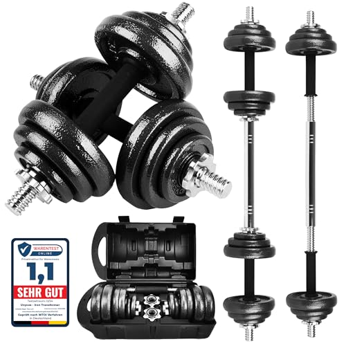 unycos - 2-in-1 Verstellbare Hanteln mit Übungs-E-Book, Gewichtsset mit Verbindungsstange und 20 kg Schweren Eisenplatten, Aufbewahrungskoffer, Heim-Fitnessstudio (Iron Transformer)