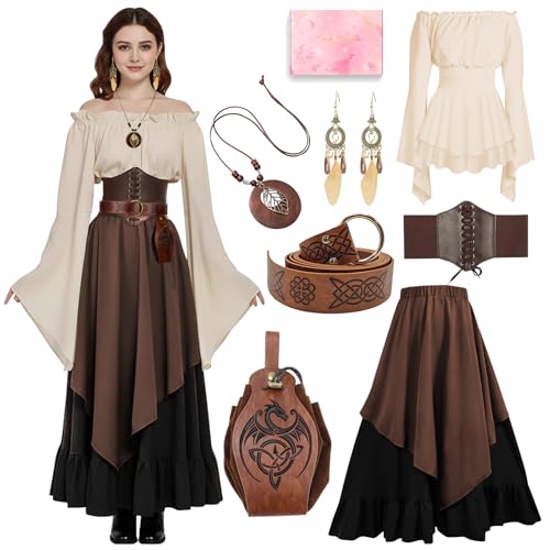 Mittelalter Kleidung Damen Set, Renaissance Kostüm und Retro Off Shoulder Bluse mit Corsett, Gürteltasche, Halskette, Ohrringe, Victorian Bekleidung Maxi Dressm für Halloween Karneval, Braun, L