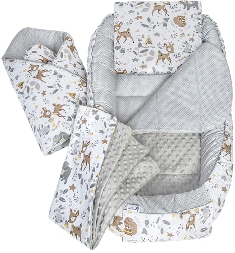 Medi Partners Babynest Nestchen Baby Set für Neugeborene - 100x60x15 Kuschelnest 5 teilig tragbar Nest zweiseitig Babynestchen Bett 100% Baumwolle (REH mit Grauem Minky)