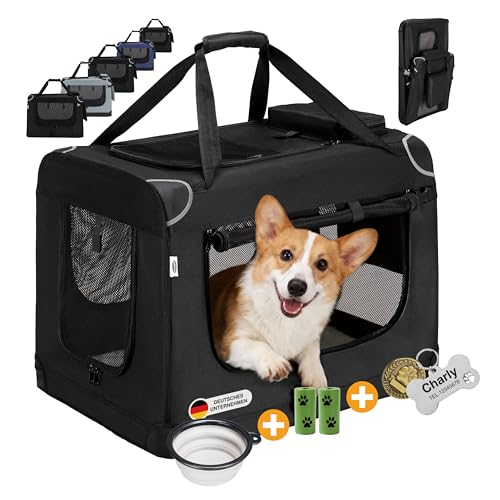 Zedelmaier Hundebox Faltbar Hundetransportbox, M 60x44x42cm, robust Transportbox für Hund & Katze Groß Hundetasche Auto Haustiertransportbox für Unterwegs & Zuhause Schwarz