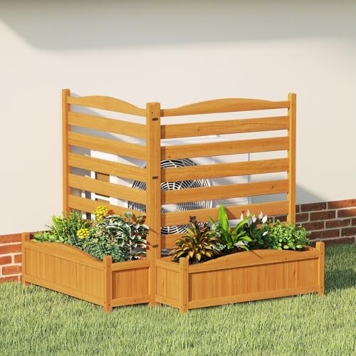 COSTWAY Blumenkasten mit Gartenzaun, Zaun für Klimaanlagen & Mülleimer, 101cm hoch, Hochbeet mit Spalier, 2 Pflanzkästen mit Ablauflöchern, Sichtschutz für Garten Hof Balkon, Holz, Natur (2-teilig)