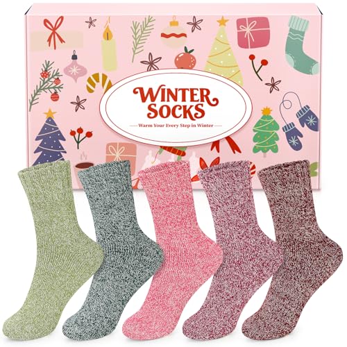 Airabc 5 Paar Thermosocken Damen, Wollsocken, Warme Wintersocken Damen, Dicke Stricksocken, Winter Damen Socken Bunte Gemütlich und Atmungsaktiv/EU-Größe 35-42