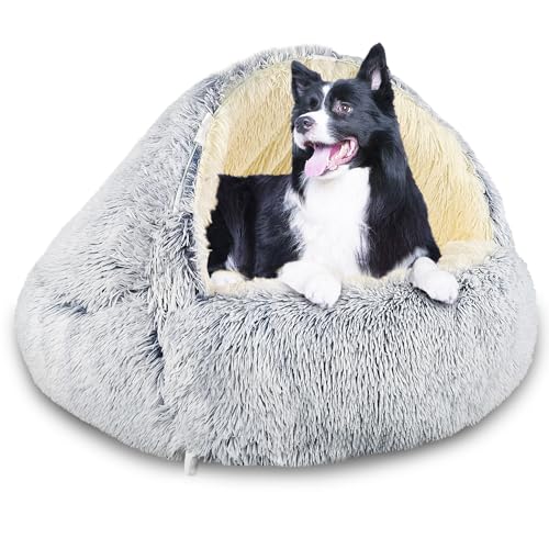 SUOXU Hundebett mit Kapuze und Stützen, Deluxe-Plüsch-Hundehöhlenbett für mittelgroße und kleine Hunde, beruhigendes Anti-Angst-Haustierbett, Abnehmbarer, waschbarer Bezug und rutschfeste Unterseite