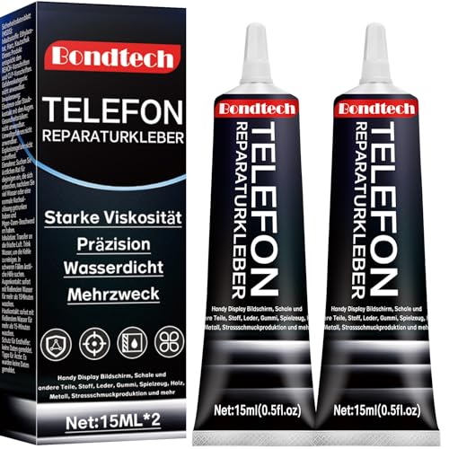 15ml *2 Display Kleber Extra Stark, Black Handy Kleber Smartphone, für Gehäuseteile, Display, Touchscreen, Glas, Universell, mit Kleinen Präzisionsnadeln, Anti-Verstopfung