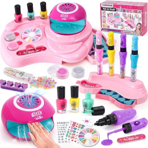 Nagelstudio Kinder Mädchen Geschenk 6 7 8 9 10 11 12 Jahre, 3 in 1 Nagellackstift Nageltrockner Peel Off Nagellack Kinder Nageldesign Nagelset Geburtstag Geschenke Mädchen Spielzeug 7-10 Jahre