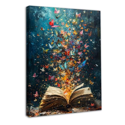 Dazzlewall Gerahmte Bunte Schmetterling Buch Wandkunst, Vintage Ästhetik Bibliothek Poster für Lesezimmer Wohnzimmer Dekor 12x16 zoll