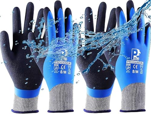 PROGANDA 2 Paar Wasserdichte Arbeitshandschuhe Gartenhandschuhe für Männer und Frauen, Double Latex beschichtet Grip Schutzhandschuhe für Garten Hof im Freien arbeiten