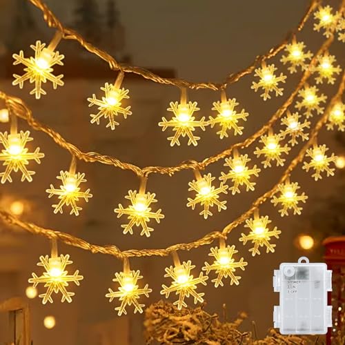 cshare Led Lichterketten Schneeflocke , 6M 40LED Licht Batteriebetriebene, mit Timer IP65 Wasserdicht für Jar Garten Camping Weihnachten Innen Außen Dekorationen,Warmweiß