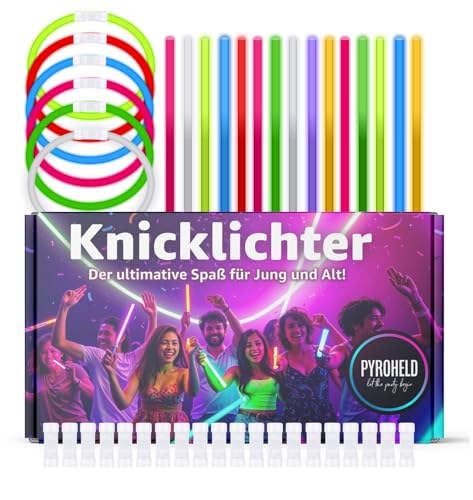 PYROHELD 100x Knicklichter - Leuchtstab - extra Hell & Lang - in bunten Farben für Kindergeburtstag, Party, Silvester Deko 2026, Mitgebsel, Festival, Geburtstag - Glow Sticks mit Verbinder