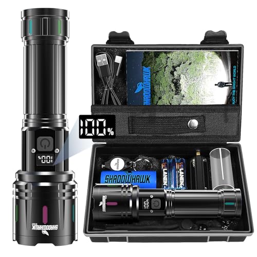 Shadowhawk Taschenlampe LED Aufladbar 500000L, LED Taschenlampe Extrem Hell XHM90.2 Taschenlampen USB, Starke Taktische Taschenlampe Batteriebetrieben, Wasserdicht Flashlight für Outdoor Notfall