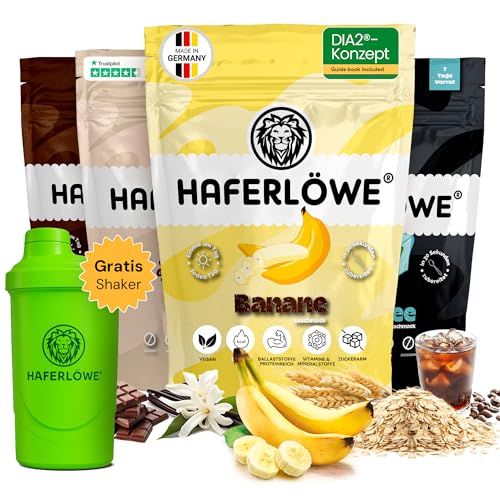 Haferlöwe Haferkur 28 Tage Starter Set | Leckere Hafertage in 4 Geschmacksrichtungen inkl. Gratis Shaker und Leitfaden | Geschmackvoller Haferdrink | Gesunde Hafer Kur Mahlzeiten | DIA2 Ernährung