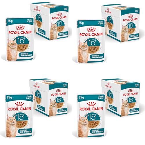 ROYAL CANIN AGEING 15+ Gravy | 4er Pack | 4 x 12 x 85 g | Nassfutter für Senior Katzen ab dem 15. Lebensjahr | Formel mit dem HealthyAge7™ Advanced Complex | Stückchen in Soße