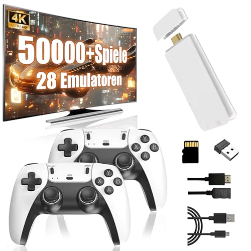 M15 Retro Konsole 4k, Tragbare Video Emulator Spielekonsole mit eingebauten 50000+ Klassische Spiele 28 Emulatoren, Plug and Play Spiel Stick für TV mit 2 x 2.4G Spiel Kontrolleure(128G)