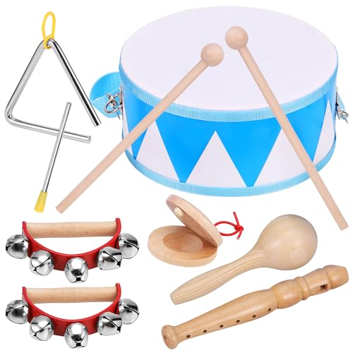 Zourglow Musikinstrumente für Kinder ab 3 Jahren, Montessori Musikspielzeug für Kleinkinder, Schlagzeugset Spielzeug aus Holz mit Schlagzeug, Triangel, Maracas, Flöten, Lernspielzeug Geschenk