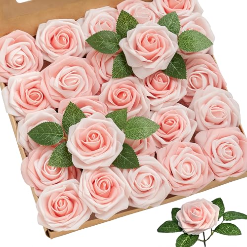 Coztie Künstliche Rosen, 25 Stück Blumen Schaumrosen, Gefälschte Kunstrose Rose Künstliche, Deko Blumen Fake Rosen für DIY Hochzeit Blumensträuße Braut Zuhause Dekoration Champagner Rosa