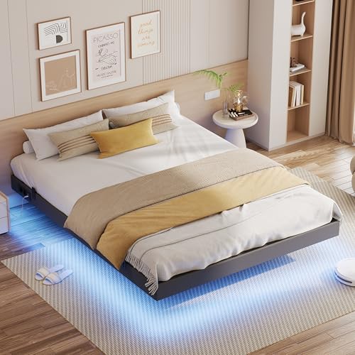 IRONCK Bett 160x200 mit LED Beleuchtung und Ladestation, Bettgestell 160x200 mit Stauraum, Floating Bed Frame, Bettrahmen 160x200cm, Jugendbett, Metallbett mit Lattenrost Doppelbett, Grau