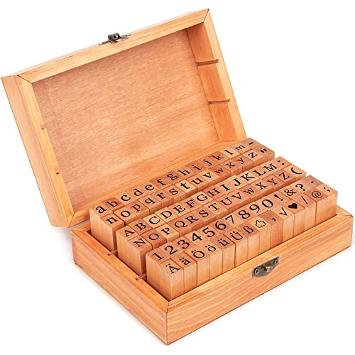 Alphabet Stempel Set, 84 Stücke Alphabet Buchstaben Briefmarken, Holz Deutsch Stempel Set,Vintage Alphabet Buchstaben Briefmarken mit Aufbewahrungs Box,Buchstaben Anzahl Symbol,für Kunst,Handwerk