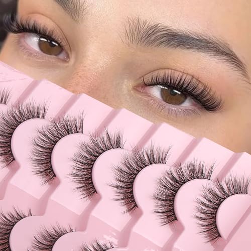 Onlyall Natürliche Wimpern Wispy Strip Lashes Natürlicher Look Falsche Wimpern ausgestellte Künstliche Wimpern Katzenaugenwimpern Weiche Cateye Eyeashes Fake 7 Paar DK-06