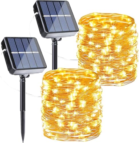 Joomer 2 Stück Solar Lichterkette Aussen, 12M 120 LED Lichterkette Solar Außen Wetterfest, 8 Modi Kupferdraht Warmweiß Lichterkette Outdoor Wasserdicht für Garten Terrasse Balkon Weihnachten Deko