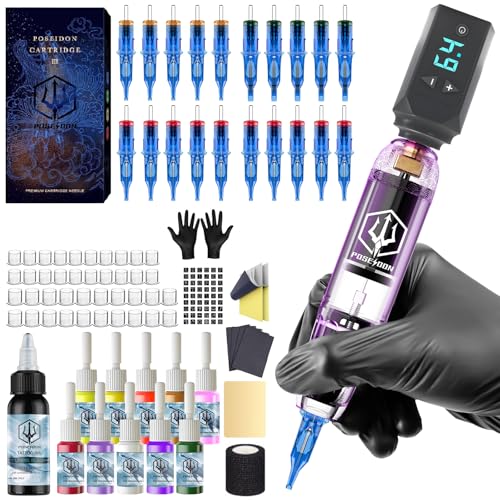 POSEIDON Kabelloses Rotary Tattoo Maschine Kit mit 20 Tattoo Patronen Nadeln & Tinte Set | Professionelle Tragbare Tattoo Pistole für Anfänger | Komplettes Starterzubehör (TK039)