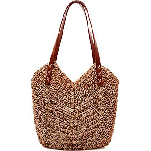 MAMUNU Stroh Handtasche Damen Große, Strohtasche Umhängetasche Reißverschluss, Sommer Strandtasche Damen, Handgewebt Schultertaschen Reisen Urlaub Strand