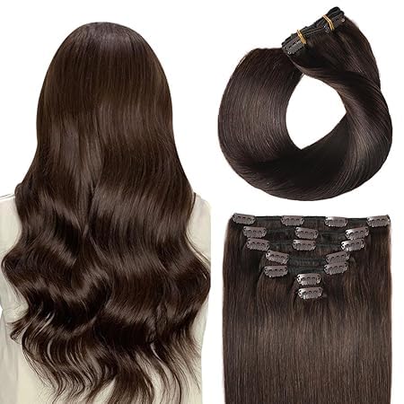 SUYYA Clip in Extensions Echthaar, Salon Remy Menschenhaar Extensions Echthaar Gerade Glatt Chthaar Extensions Clip Doppelt Genäht 12 Zoll 30cm 7 Stück 70G #2 Dunkel Braun