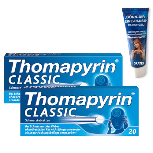 Thomapyrin CLASSIC Schmerztabletten - 3fach Power gegen Kopfschmerzen - 2 x 20 Stk. + Duschgel