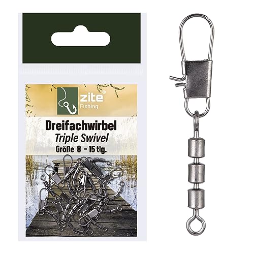 Zite Fishing Dreifach-Wirbel Set 3 Größen Forellen-Wirbel Sbirolino-Angeln 15 Stück Angel-Wirbel als Angel-Zubehör (Größe 8)